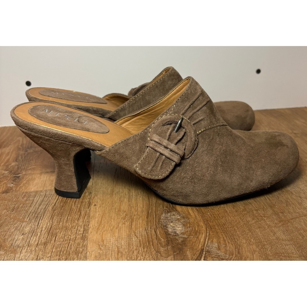 Mix It Suede Tan Leather Upper Mules Slip On Heels Shoes Buckle Trim 9.5 M